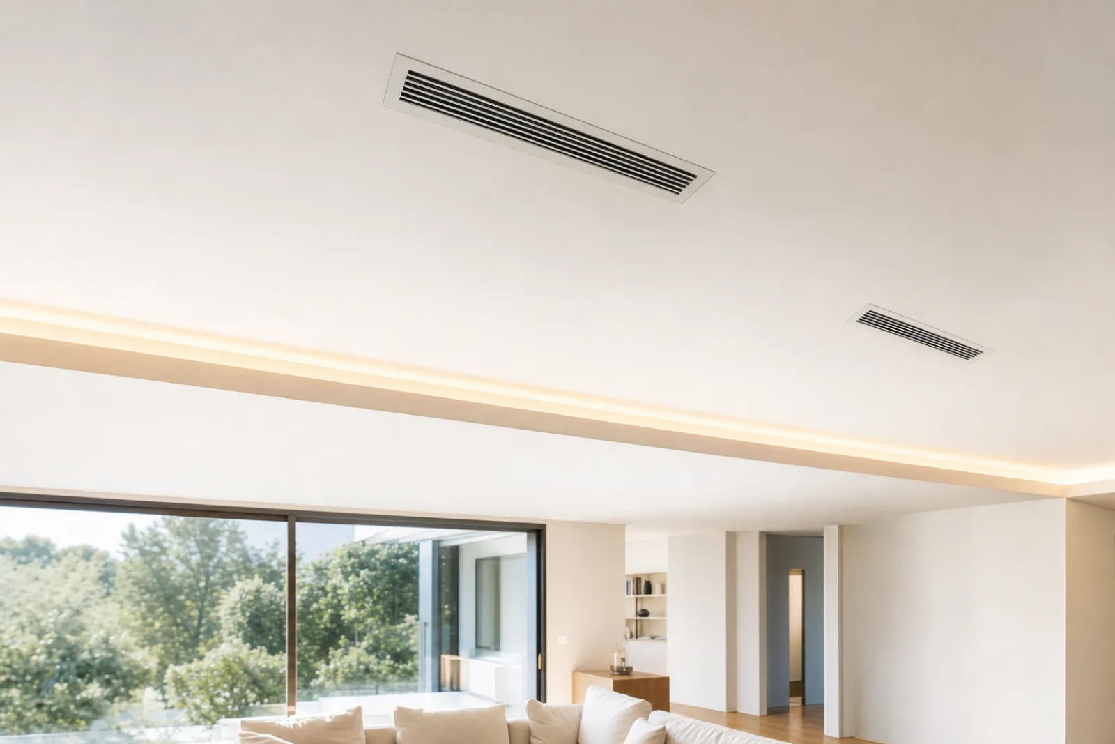 Bouches de soufflage rectangulaires d'une climatisation gainable encastrées dans un faux-plafond