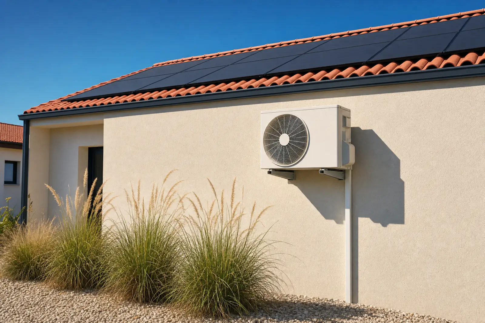 Unité extérieure de climatisation posée sur une maison équipée de panneaux solaires en toiture